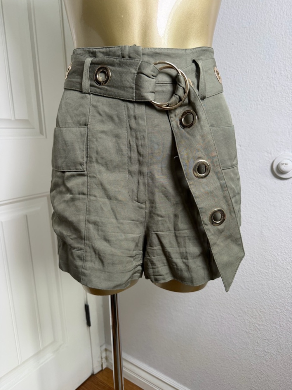 Marciano Olive Green High-Waist Utility Shorts with Grommet Belt Size S